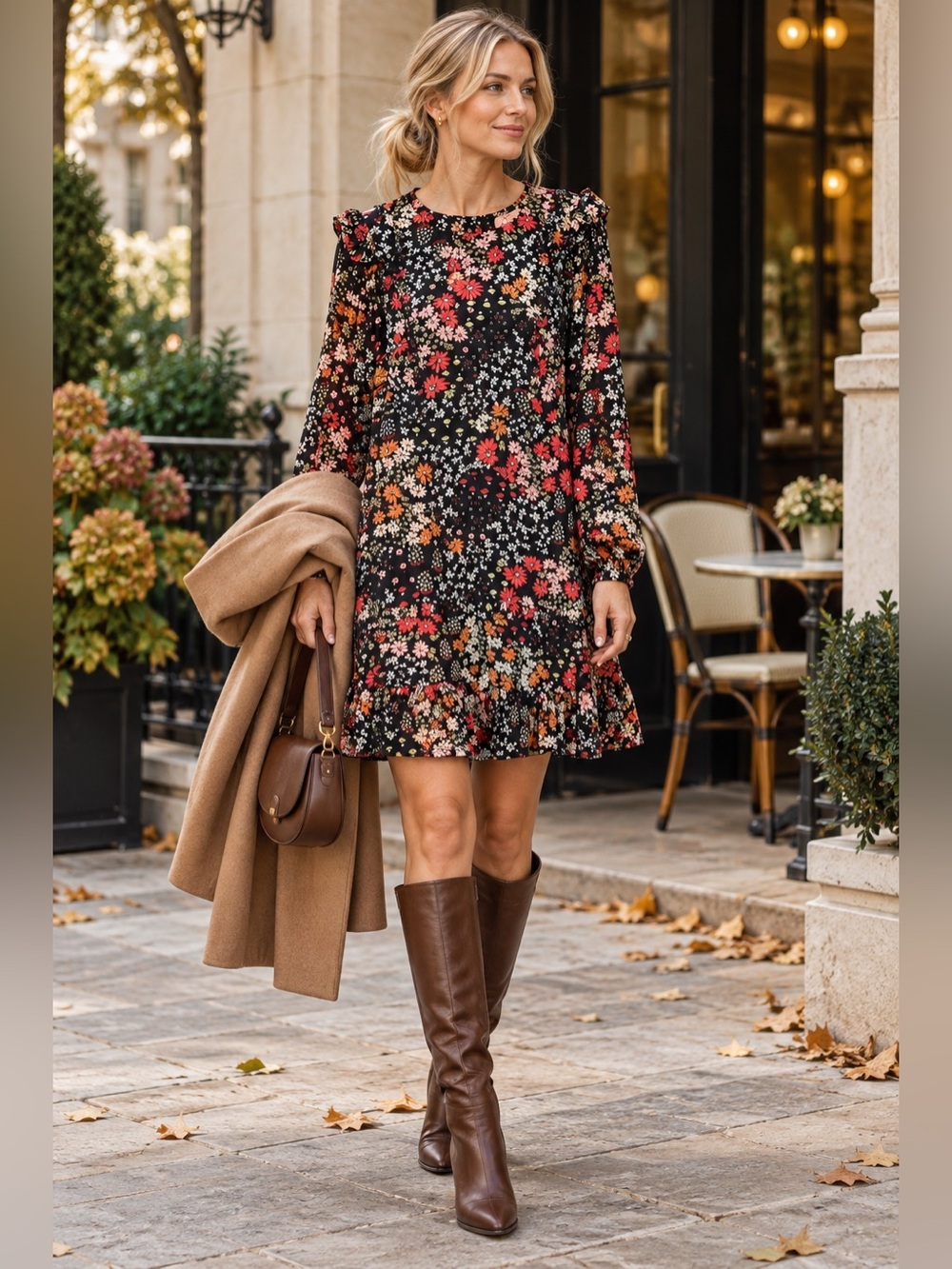 KACHEL X Anthropologie Black Multicolor Floral Long Sleeve Dress